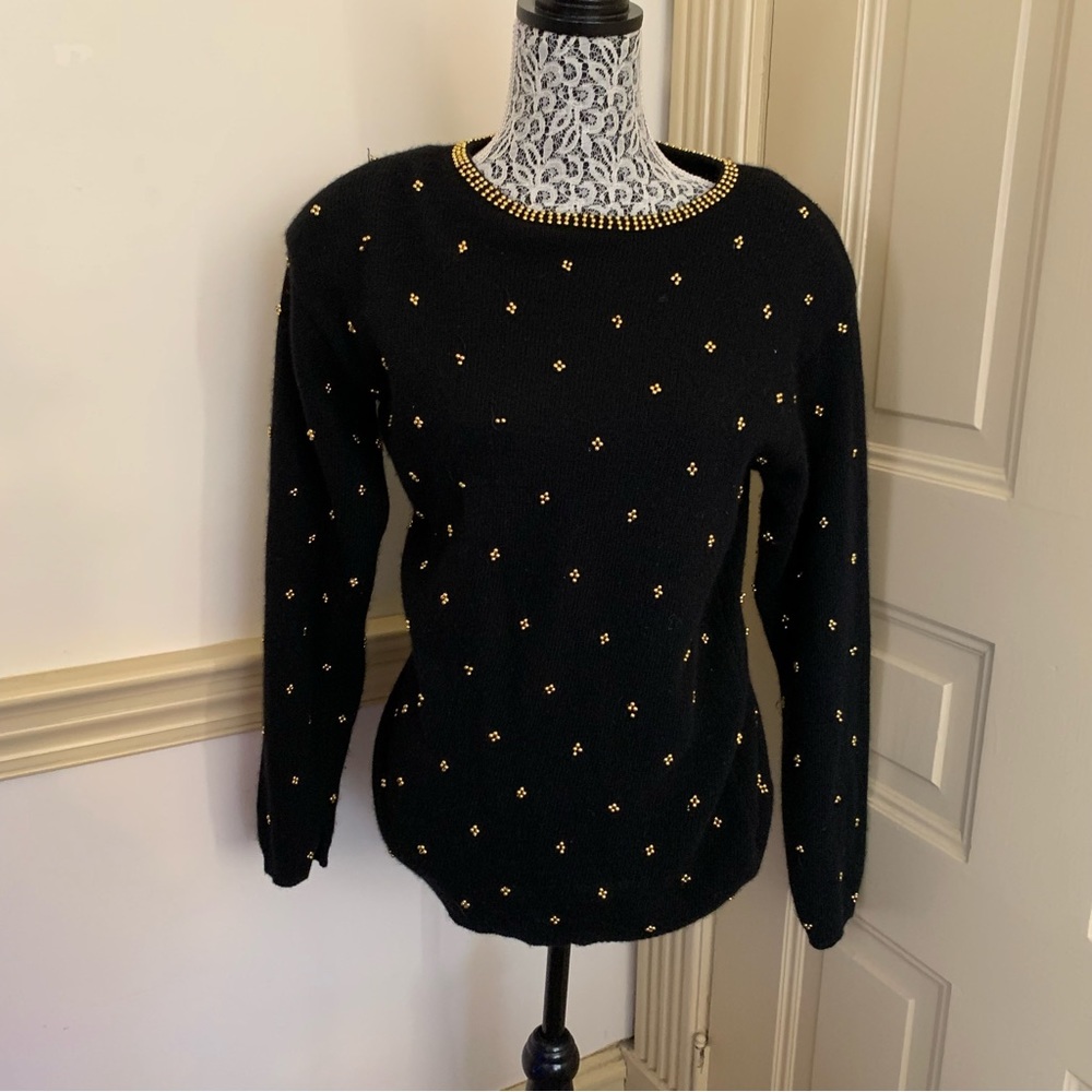 Vintage Gold Beaded Crewneck Black Sweater SZ M - Picture 8 of 13